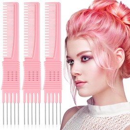 3 Pack Carbon Lift Teasing Combs with Metal Prong, Salon Teasing Back Combs Carbon Comb with Stainless Steel Lift (Pink)