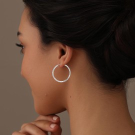 LeCalla 925 Sterling Silver Endless Huggie Hoop Earrings | 2mm Diamond-Cut Hoop Earrings | Round Circle Hoop Earrings for Women 40MM