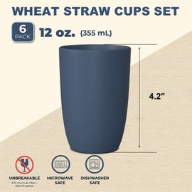 Vasos de paja de trigo con 6 unidades, buena alternativa a vasos reutilizables de plástico, 12 onzas, irrompible, reutilizables, aptos para lavaplatos, vasos de plástico, color azul marino