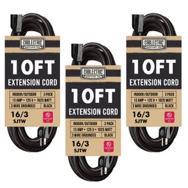 Cablectric 3 Pack Weatherproof Black Extension Cord 10 ft, 16/3 SJTW 10 Foot Outdoor Extension Cord 3 Prong, 13 Amp Heavy Duty Exterior Power Cable Multi Pack Great for Outside, Landscaping & Lawn