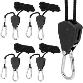 QWORK® 4PCS Ratchet Ropes with Hooks, Solid Iron Retractable Rope Ratchet for Plants, Lights, Tents, Loading Capacity 150lbs /68kg, Rope Length 2m/6.5ft