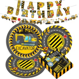 BACH AND BOOZY Digger Birthday Party Tableware Construction Excavator Parties Supplies Plates Napkins Disposable for Theme Birthday Party Shower Decoration