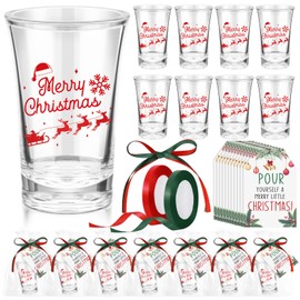 Roshtia 18 Sets Christmas Shot Glasses Bulk Merry Christmas Party Favors 1.2oz Acrylic Xmas Drinking Glasses Glassware with Decorative Ribbon Gift Cards and Bags for Women Men Holiday Party Supply