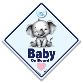 Baby on Board Sign with Baby Elephant Design, Suction Cup Attachment, Car Sign for Child 14cm x 14cm