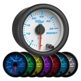 GlowShift White 7 Color 35 PSI Turbo Boost Gauge Kit - Includes Mechanical Hose & Fittings - White Dial - Clear Lens - for Car & Truck - 2-1/16" 52mm
