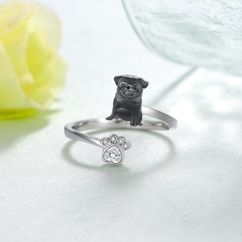 Black Pug Ring 925 Sterling Silver Pug Adjustable Ring Dog