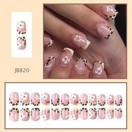 Leopard French Tip Press on Nails Short Square Fake Nails with Flower Print Summer Hibiscus False Nails Press ons,Reusable Artificial Nails Glossy Full Cover Stick on Nails for Women Manicure 24 Pcs