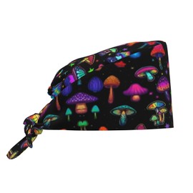 Hippie Psychedelia Mushroom Working Cap with Sweatband Unisex Breathable Scrub Cap Adjustable Elastic Bandage Tie Back Hats