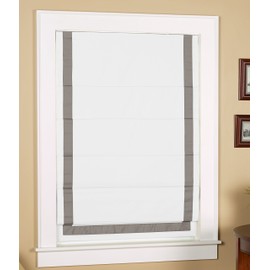 Green Mountain Vista Thermal Blackout Cordless Roman Shade with Ribbon Border (34" Wide x 63 Long, White with Grey Ribbon Border)