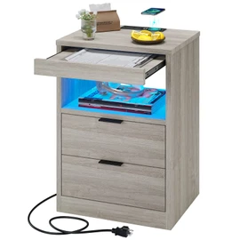 Tiptiper LED Nightstand with Wireless Charging Station, Farmhouse Nightstand with LED Light, Rustic End Table Side Table with Drawers, Pull-Out Tray and Open Storage, Grey Wood Grain