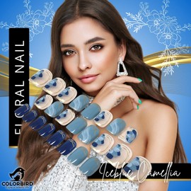 COLORBIRD Nail Tip, Blue, Flower, Short, False Nails, 24 Pieces, Gorgeous, Cute, Feminine (Iceblue Camellia)