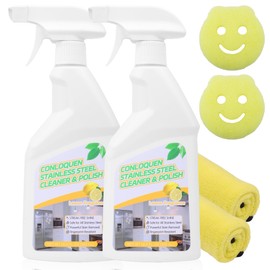 2-Pack Stainless Steel Cleaner Spray, Cleans & Polishes for Streak-Free Shine on Appliances, Range Hood, Sinks, Ovens, Refrigerators 33.8 Oz– Includes 2 Kitchen Sponges & 2 Mop Cloths, Lemon Scent