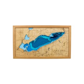 Multilayered Lake Erie Wood Map | Laser Engraved | Hardwood Framed Wall Art | 19" x 11" (Cherry Frame)
