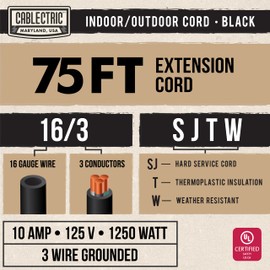 Cablectric Weatherproof Black Extension Cord 75 ft, 16/3 SJTW 75 Foot Outdoor Extension Cord 3 Prong, Heavy Duty Exterior Power Cable Great for Outdoor Lights, Landscaping & Lawn - UL Certified