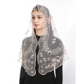 Bozidol Mantilla Veils for Church Catholic, Champagne Our Lady of the Rosary Embroidered Lace Chapel Veil, Latin Mass Prayer Scarf Head Coverings for Women