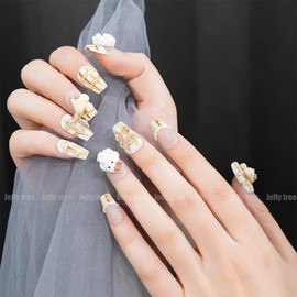 Coffin Press On Nails - Acrylic Nail Kit with Nail Tips Silver Glitter Rhinestones Design Glossy Cute Press On Nails Blue French Tip Press On NailsValentine Nails(S)