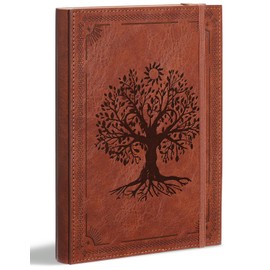 Leather Journal Notebook A5 Notepad Paper, 280 Pages Mens Journal College Ruled for Writing Work, 100GSM Hard Cover Notebooks Journaling for Women, 5.9" x 8.5" Lined with Index Stickers (Brown Tree)
