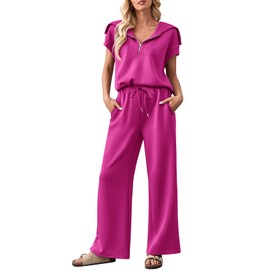 MEROKEETY Women 2 Piece Set Summer Outfits Sweatsuit Half Zip Cap Sleeve Sweatshirt Wide Leg Sweatpant Tracksuit Sets HotPink M
