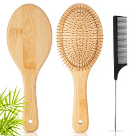 Tessco for you 2 Pcs Bamboo Hair Brush with Steel Bristles and Rat Tail Comb Set for Hair Smoothing Scalp Massage, Detangle Anti Static Wooden Paddle Hairbrush Engraving DIY Gift for Women Men