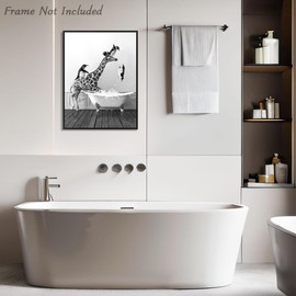 Dazzlewall Funny Bathroom Wall Art Giraffe and Penguins Jump in Bathtub Print, Black and White Animal Picture for Bathroom Toilet Decor 12×16 in Unframed