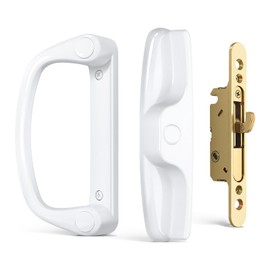 Probrico Patio Sliding Door Handle Set with Mortise Lock, Non-Keyed Sliding Glass Door Handles Replacement 45°, Reversible White Sliding Door Lock Set 3-15/16" Hole Spacing, 1" to 2" Thick Doors