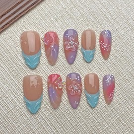 MAGLFELL MAGLFELL Women Press On Nails - Medium Almond False Nails 10Pcs Luxury Handmade 3D Painting Art ABS Acrylic Artificial Fingernails