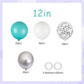 100pcs Teal Blue White Silver Confetti Balloons, 12inch Turquoise, White, Metallic & Glitter Latex Balloons for Wedding Birthday Baby Shower Party Decoration