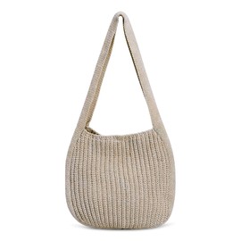 FuninCrea Knitted Tote Bag, Polyester Crochet Handbag Shoulder Bag for Women, Large Tote Bag with Wide Shoulder Strap, Multipurpose Boho Bag with Snap for Shopping Traving Camping (khaki)