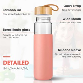 Yomious 25 Oz Glass Water Bottle with Bamboo Lid - Borosilicate Glass Water Bottles with Sleeve, Wide Mouth and Dishwasher Safe Water Bottle Glass - Bonus 1x Brush