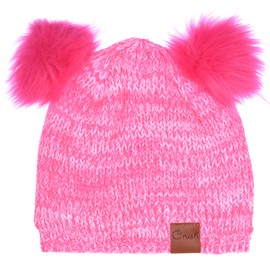 Women's Knit Pom Ears Beanie Infinity Scarf Set Fleece Lined (Pink)