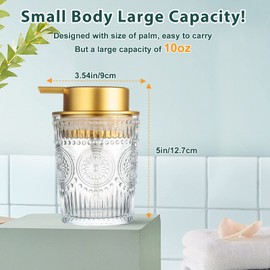 Tmore Glass Soap Dispenser 10oz Clear Hand Dish Liquid Dispenser Bottle Retro Carving Floral Lotion Dipenser for Kitchen Cute Bathroom Countertop Soap Dispenser Home Decor