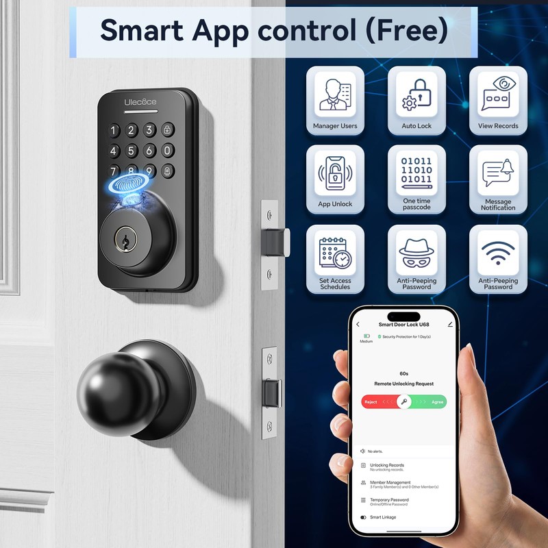 Ulecoce Keyless Entry Door Lock Built-in WiFi with Handle Set,