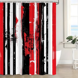 Red Black Stripes Shower Curtain Modern Geometric Abstract Aesthetic Western Boho Vintage Mid Century Farmhouse Fashion Classic Neutral Fabric Bathroom Curtain Set with Hook