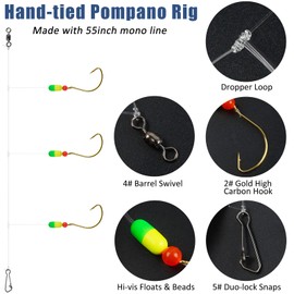Pompano Rigs for Surf Fishing Saltwater Fishing Rigs Pompano Floats Pre-Rigged Pompano Rigs 3 in 1 Float Rigs with Wide Gap Hooks Beach Pier Jetty Surf Fishing Rigs