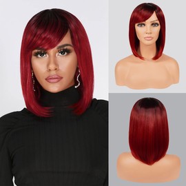 STUDIOCUT BY PROS Bob Wig 14 Inch Short Straight Hair Bob with China Bang Wig for Black Women Natural Light Yaki Textured Heat Resistant Synthetic Wigs – Sexy15 (14 Inch, OTREDWINE)