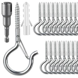 FSAH 36 PCS Q-Hanger Hooks, Screw Hooks for Outdoor String Lights, Safety Buckle Design Cup Eye Hook for Hanging Christmas Lights, Plants, Mounted on Wall Ceiling, Include 1 Wing Nut Driver, Silver