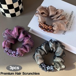 3pcs Hair Elastic Scrunchies Glitter Flower Hair Ties Hair Bows Stretchy Rubber Hairbands Thick Floral Headbands Scrunchies Ponytail Holder Accessories for Women Girls (Purple+Brown+Black)
