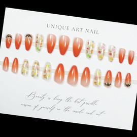 Fall Press on Nails Almond Fake Nails Gradient Orange False Nails with Maple Leaf Design Rhinestone Glue on Nails Press ons Medium Acrylic Nails Glossy Autumn Stick on Nails for Women Manicure 24Pcs