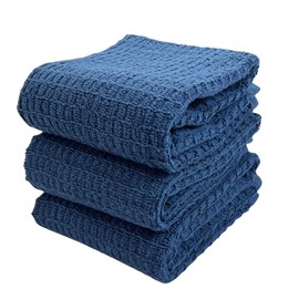 Waffle Blue - Juego de 3 paños de cocina 100% algodón, suave y absorbente, para limpieza y secado de rizo, para uso diario (caja azul)