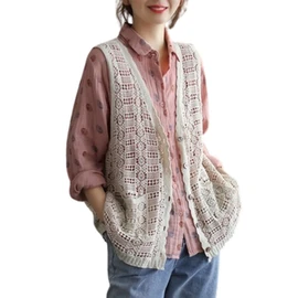 Qian qian Women's Vest, Lace Knitting, Hollow Knitting, V Neck Lace, Floral Pattern, Open Front, Vest, Sleeveless Top, Large Size, Thin, Loose, Sleeveless, Total Pattern, Commuting to Work OL, beige