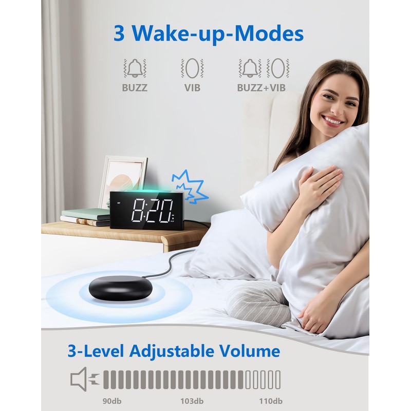 Vibrating Alarm Clock with Bed Shaker for Heavy Sleepers, Beside