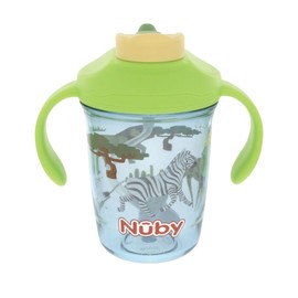Nuby Multi-Function 2-in-1 Toddler Cup with 360° Weighted Straw and Hard Spout - 8 oz - Easy Grip Handles and Flip-It Top - 4+ Months - Safari Animals