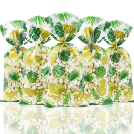 105 Pieces Jungle Animal Cellophane Treat Bags, Safari Animal Palm Printed Green Gold Wild One Goodie Bags with Gold Twist Ties for Jungle Theme Baby Shower Decorations Kids Birthday Party Favors