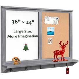 TORASO Dry Erase Board & Cork Board, Whiteboard & Bulletin Board Combo, 35.4"×23.6"，Wall-Mounted Mail Sorter, & Key Hooks, Solid Pine Wood Vintage Gray Frame(Mail BB-GY-6090)