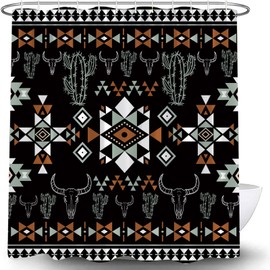 QSSMQS Western Aztec Shower Curtain Vintage Boho Cow Skull Cactus Geometric Pattern Abstract Cowboy Southwestern Native Black Brown Fabric Curtain with Hook