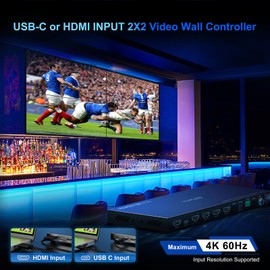2x2 HDMI or USB-C Video Wall Controller 4K 60Hz in, PORTTA HDMI Video Wall Processor with 11 Splicing Modes, RS232, 180° Rotate, Audio Extractor, Auto Switch, Downscaler, 2x2,1x2,1x3,1x4,2x1,3x1x4x1
