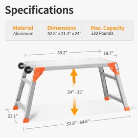 Multifunctional & Adjustable Work Platform with Wheels, 330 lbs Capacity, 25 to 35 inches Step Ladder, Aluminum Folding Scaffolding Ladder, Heavy Duty Portable Bench Ladder Stool with Non-Slip Feet