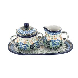 Blue Rose Polish Pottery Lily of the Valley Small Cream & Sugar Set with Tray