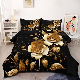 CCoutueChen Black and Gold Comforter Set,Vintage Floral Bedding Set King Size,Botanical Design Comforter for Women Adult, 3Pcs Soft Lightweight Summer Comforter with 2 Pillowcases