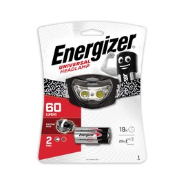 Energizer Linterna de Cabeza Universal 60 Lúmenes LED – 4 Modos de Luz con Banda Ajustable y Pilas AAA Incluidas - Blanco/Rojo